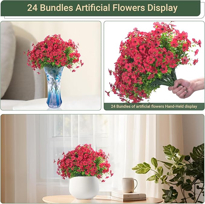 24 Bundles Artificial Flowers for Outdoors & Indoors – UV Resistant Faux Plastic Plants for Garden, Patio, Porch, Window Box, Home Decor – Lush & Vibrant Fake Flowers, Red