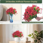 24 Bundles Artificial Flowers for Outdoors & Indoors – UV Resistant Faux Plastic Plants for Garden, Patio, Porch, Window Box, Home Decor – Lush & Vibrant Fake Flowers, Red