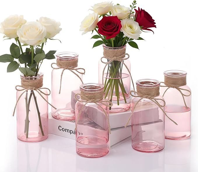 Pink Glass Flower Vases for Centerpieces Set of 6, Mason Jars Boho Cylinder Bud Vases in Bulk, for Weddings Parties Vintage Home Decor