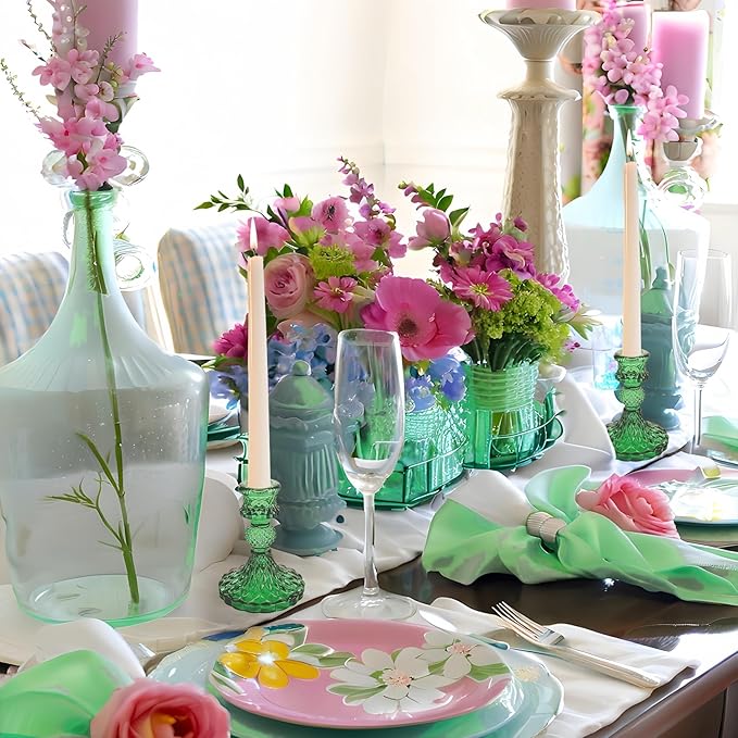 Glass Candlestick Holder,Striped Taper Candle Holders,Set of 6 Candle Stand for Table Centerpieces, Home Decor,Weddings,Festival and Parties (Green Dimond Pattern)