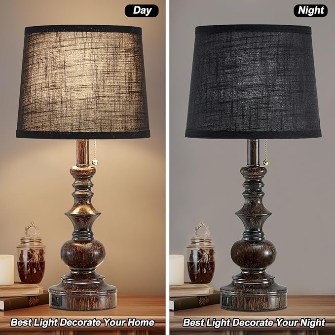 22'' Bedside Lamps for Bedroom Set of 2 Rustic Farmhouse Nightstand Lamps with USB A+C Charging Ports Traditional Table Lamps for Living Room Office, Wooden Finish, Black, Bulbs Not Include