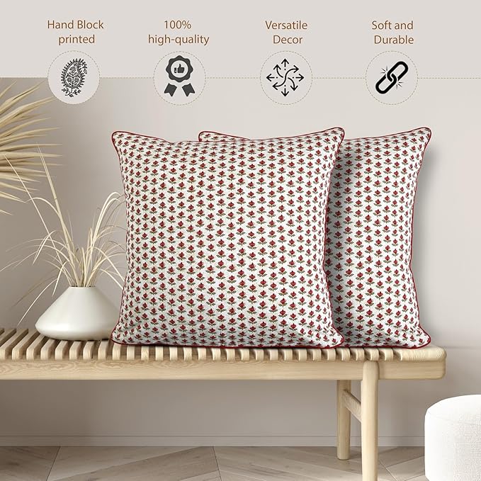 Ridhi Green and Red Print Print Cotton Throw Pillow Covers for Decorative Couch Pillows for Living Room, Chic Boho Cute Outdoor Thanksgiving Pillows Covers Gifts 20x20 Inches