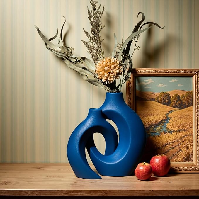 Levvohd Snuggle Hollow Ceramic Vase Set of 2, 8.4 inch Modern Nordic Coastal Shaped Pampas Grass Aesthetic Decorative Table Vases for Home Decor (Matte Navy Blue - M)