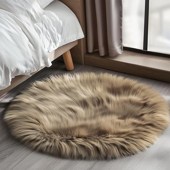 Goolela Round Rug - 4ft Beige Fluffy Shag Washable Faux Fur Plush Shagyy Rug for Living Room & Bedroom