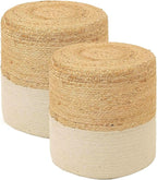 REDEARTH · Cylindrical Pouf Foot Stool Ottoman - Jute Braided Accent Sitting Footrest for The Living Room, Bedroom, Nursery, Patio, Lounge Set of 2 (14.5”x14.5”x16”; Natural Ivory)