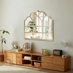 Window Mirror Pane Scalloped, Wide Arched Gold Mirrors Decorative, Cathedral Arch Wall Decor with Metal Windowpane Grid for Mantle Entryway Fireplace Hallway Living Room