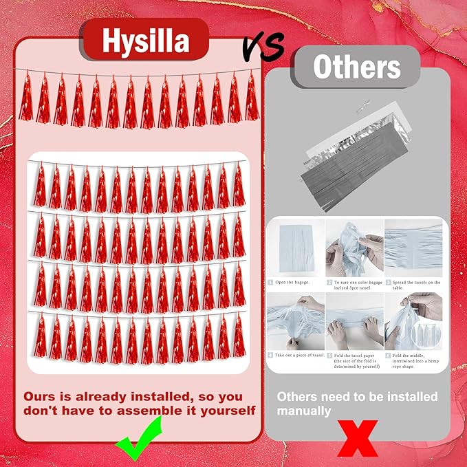 3P Red Foil Fringe Metallic Tassel Streamers Banner Tassel Garland for Parade Floats, Bachelorette, Wedding, Birthday, Halloween, Christmas, Bridal/Baby Shower Party Decorations