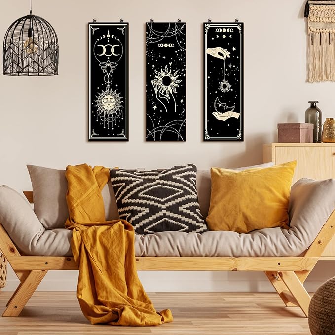 6 Pieces Wall Decor Gothic Boho Wall Art Sun Moon Phases Hanging Rectangular Wooden Minimalist Vintage Sign Plaque Farmhouse Pediments for Home Living Bedroom