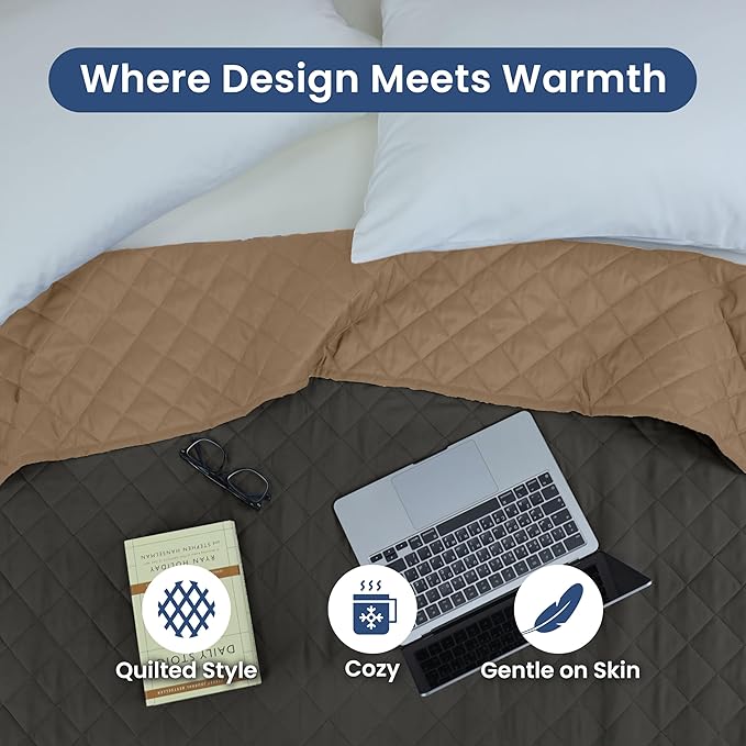 Martex Reversible Coverlet – Full Queen Size Quilt - Lightweight Full Size Bedding– Durable Queen Size Quilts for Bed – Soft - Easy Care Bedding – Graphite/Khaki