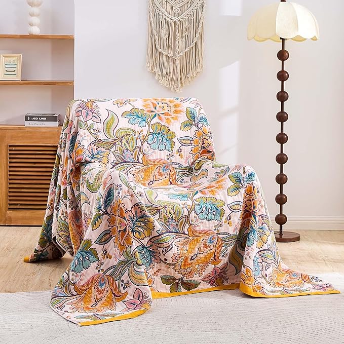 Boho Throw Blanket for Bed, 100% Cotton Soft Rustic Quilt Fall Blanket, 80"x90" Floral Printed Farmhouse Decor Bed Blankets, All Season Rustic Reversible Bohemian Throw Quilt