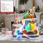 Christmas Village House Musical Christmas Village Skiing on The Mountain Carousel Train Collectible Buildings with LED Lights Vacation with USB Indoor Figurines Decoration