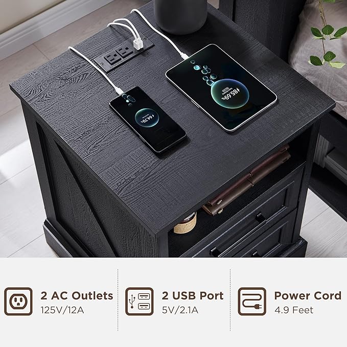 ACCOHOHO 18" Farmhouse Nightstand Set of 2 with Charging Station,End Table with 2 Drawers Storage,Side Table,Bedside Cabinet for Bedroom,Living Room, Black