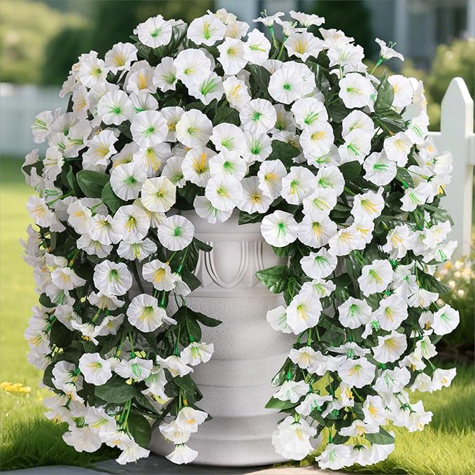 Artificial Faux Hanging Plants Flowers for Outdoor Outside, 2 PCS Fake Silk White Morning Glory Long Vines UV Resistant Look Real for Home Porch Patio Balcony Planter Decoration