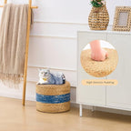 Handwoven Water Hyacinth Ottoman Pouf, Round Outdoor Footstool with Sturdy Frame, No Assembly Needed, Boho Accent Stool for Indoor & Outdoor Use – Patio, Balcony, Living Room (Blue)