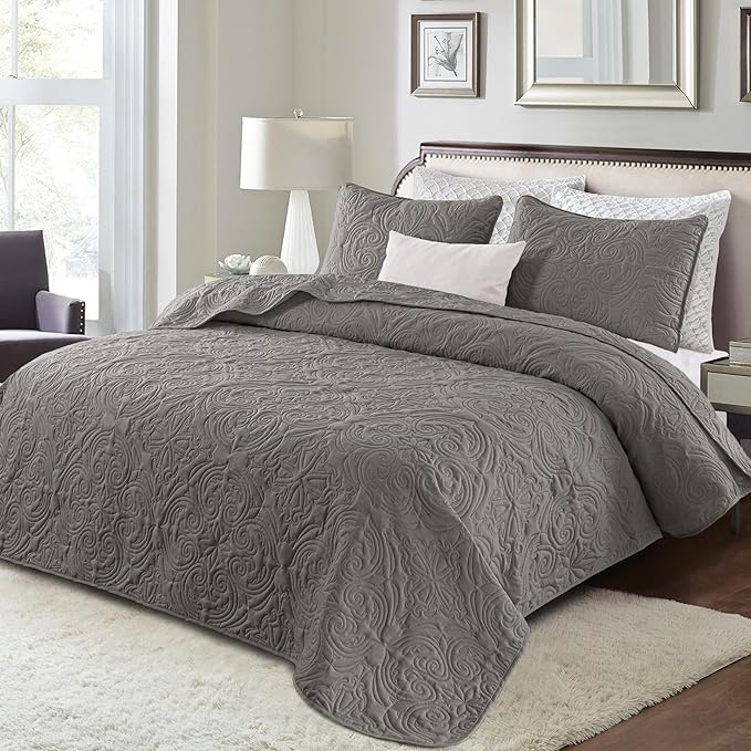 Exclusivo Mezcla Twin Quilt Bedding Set with 1 Pillow Sham, Lightweight Grey Twin Size Quilt Bedspread with Vintage Damask Pattern, Soft Bedspreads Coverlets for All Seasons