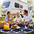 GENIMO 10 ' Round Outdoor Rug for Patio, Waterproof Indoor Outdoor Plastic Straw Rugs Carpet, Reversible Outside Area Mat for Camping, Balcony Porch, Deck, Picnic, Blue White