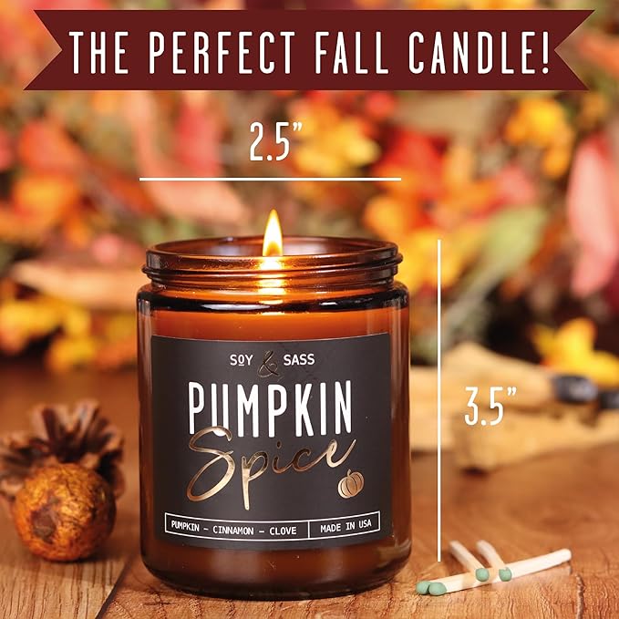 Pumpkin Spice Candle, Fall Candles - 'Pumpkin Spice' Pumpkin Candle I Infused w/Essential Oils I Autumn Scented Soy Candles for Home I Fall Home Décor I 9oz Reusable Jar, 50Hr Burn, Made in USA