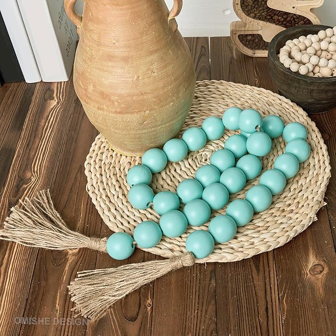 OMISHE 60" Long Extra Large Wood Bead Garland Aqua Teal with 1.6" Diameter Wooden Beads and Tassels, Rustic Farmhouse Country Decorative Beads for Home Decor, Aqua Teal