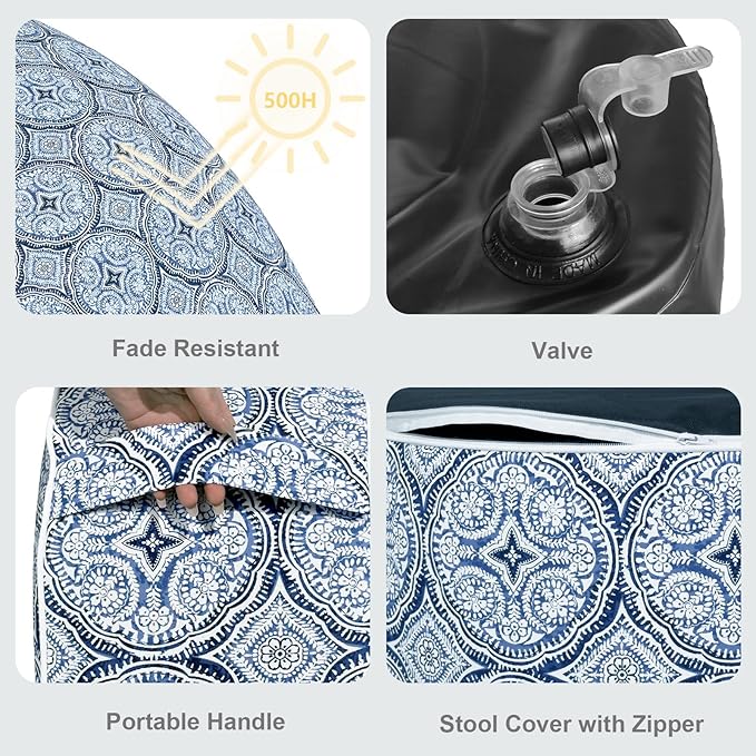 LVTXIII Outdoor Inflatable Ottoman, Fade-Resistant Round Footrest Stool D31”x H14”, Portable Patio Pouf for Garden Camping or Home Use, Medallion Blue