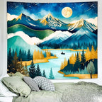 Delur Mountain Tapestry Boho Moon Stars Starry Night Tapestry Wall Hanging Forest Tree Nature Landscape Psychedelic Headboard for Bedroom Living Room Home Decor (51.2" x 59.1")