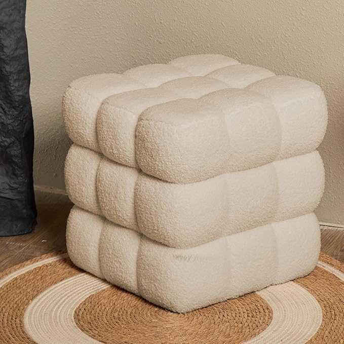 17''3 Square Ottoman Pouf Installed,Sturdy Wooden Frame,Capacity 330 lbs,Modern Sofa Stool Fuzzy Sherpa Footstool,Foot Rest,Cube Boucle,Vanity Stool,for Couch Living Room(Peach Fur)