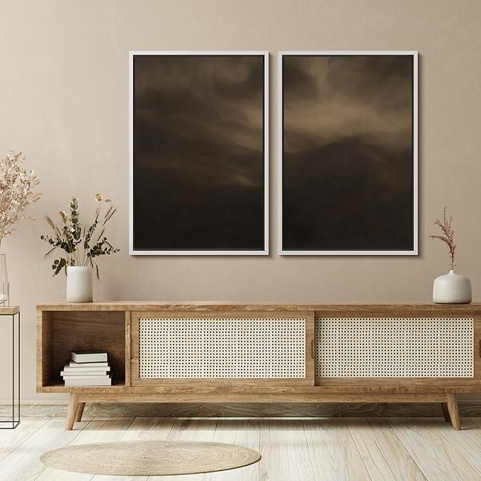 SIGNFORD Framed Canvas Print Wall Art Set Moody Misty Landscape Soft Brown and Gray Hues Illustration Modern Art Decorative Nordic Nature for Living Room, Bedroom, Office - 24"x36"x2 White