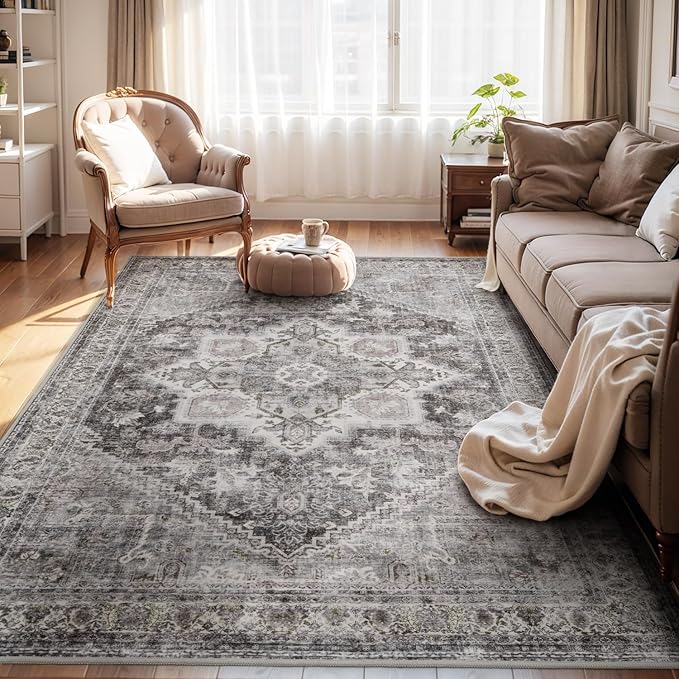 9x12 Area Rugs for Living Room Large Washable Area Rug-Carpet for Bedroom Dining Room Office Vintage Oriental Medallion Non Slip Soft Rug Grey