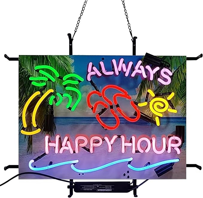 Neon Signs Beer Bar Bedroom Always Happy Hour Palm Tree Glass Neon Signs for Office Pub Cafe Party Man Cave Neon Light Art Wall Lights 24 X 20 Inches High Definition Jet Graphic Printing Board