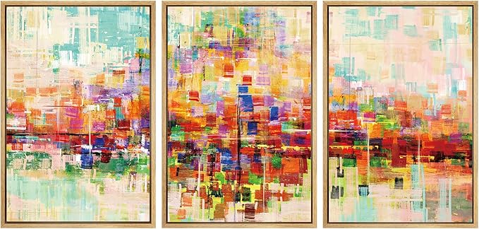 SIGNWIN Framed Canvas Wall Art Bright neon Color Buildings Block with Reflection Places Cityscape Oil Painting Abstract Modern Panoramic Colorful for Living Room, Bedroom, Office - 16"x24"x3 Natural