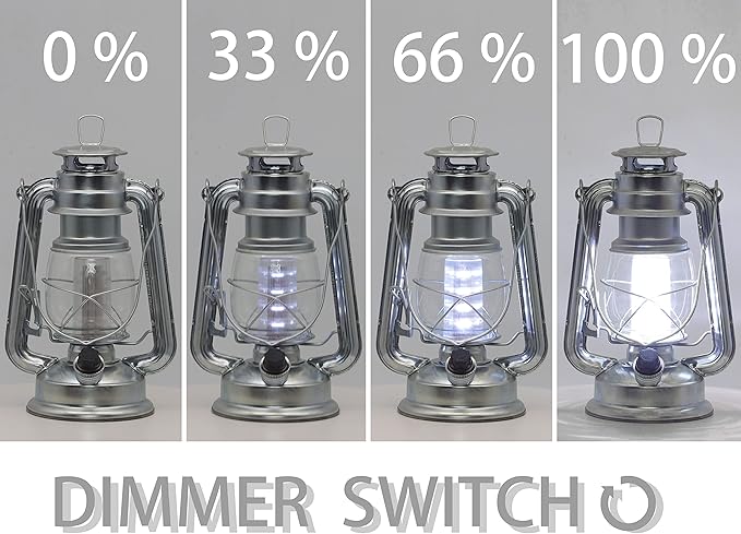 YAKii LED Vintage Lantern Metal Hanging Hurricane 12 LED Dimmer Switch Cold White Battery Operated Power Outage Indoor Camping Lighting Outdoor Brooklyn (Silver 2 Pack)