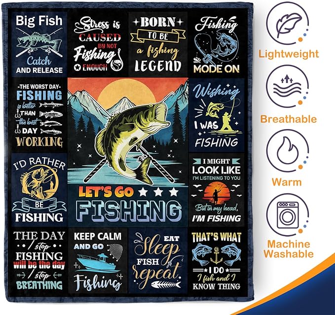 Fishing Blanket Gifts for Fisherman Men Boys - Fish Lovers Throw for Dad Women Adults Bedroom Living Room Decor Soft Fleece Cozy Bed Couch Birthday Christmas Lightweight Blanket 50"x60"