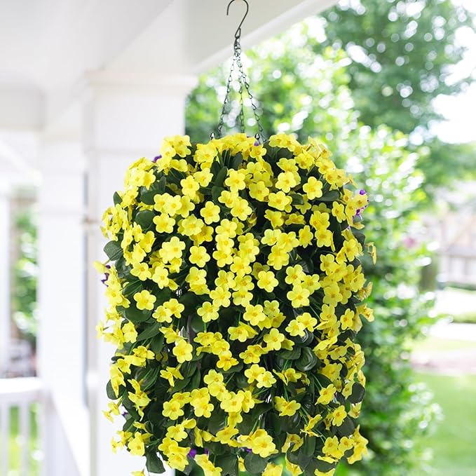 HyeFlora Artificial Fake Hanging Outdoor Flowers Plants Basket, Faux Silk Yellow Orchid Flowers UV Resistant Realistic Hanging Planter for Outside Porch Patio Home Garden Yard Decoration