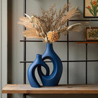 Levvohd Snuggle Hollow Ceramic Vase Set of 2, 11 inch Modern Nordic Coastal Shaped Pampas Grass Aesthetic Decorative Table Vases for Living Room Shelf Home Decor (Matte Navy Blue -L)