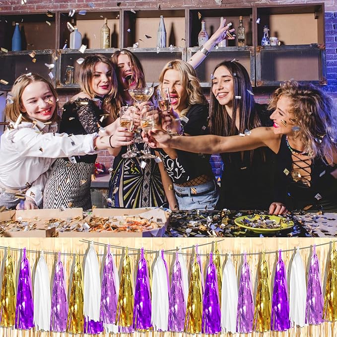 3P Purple-Gold Party Decoration Tassel Garland, Tassels Banner Streamers for Parade Floats, Bachelorette, Wedding, Birthday, Halloween, Christmas, Bridal/Baby Shower Party Decorations