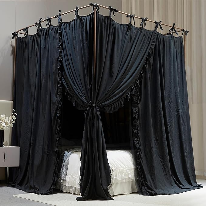 4 Corners Post Princess Curtain Bed Canopy Double Layer Cozy Mosquito Net Mesh and Cloth for Girls Adults Bedroom Decoration (Double-Black/Black, 59" W*82" L*82"*H/(Queen))