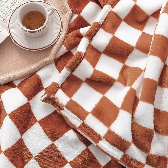 LOMAO Throw Blankets Flannel Blanket with Checkerboard Grid Pattern Soft Throw Blanket for Couch, Bed, Sofa Luxurious Warm and Cozy for All Seasons (Maple Brown, 90"x110")