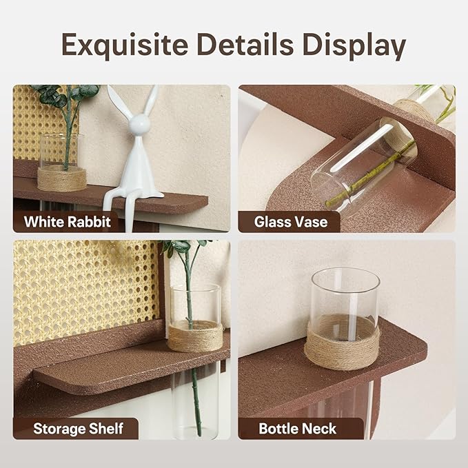 Troartos 3D Textured Boho Abstract Wall Art with Vase, Off-White and Brown Wall Decor with Rabbit Decoration, Neutral Rattan Artwork for Living Room Hallway Dining Room Bedroom Office, 24x24 In