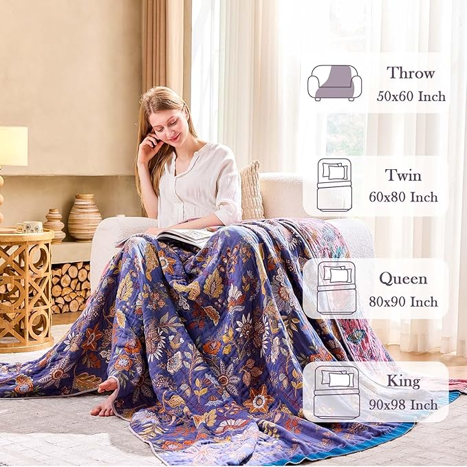 Boho Blanket, 100% Cotton Farmhouse Decorative Throw Blanket, 80"x90" Reversible Bohemian Throw Blanket, Purple All Season Muslin Breathable Woven Blankets Quilt
