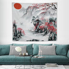 Cherry Blossoms Tapestry,Japanese Red Landscape Asian Watercolor Abstract Art Tapestry, Asian Japanese Wall Tapestry, Nature Landscape Tapestries for Bedroom Living Room Decor 60"x50"