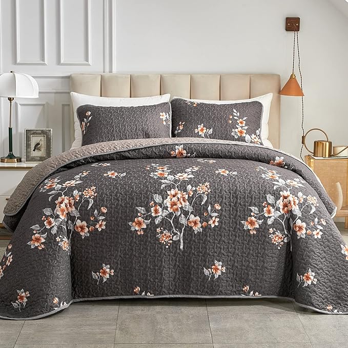 3 Pieces Quilt Set Full/Queen Size, Dark Gray Floral Reversible Bedspread Coverlet Set, Soft Microfiber Lightweight Bed Cover for All Season (90" x 90", 1 Quilt+ 2 Pillow Shams)