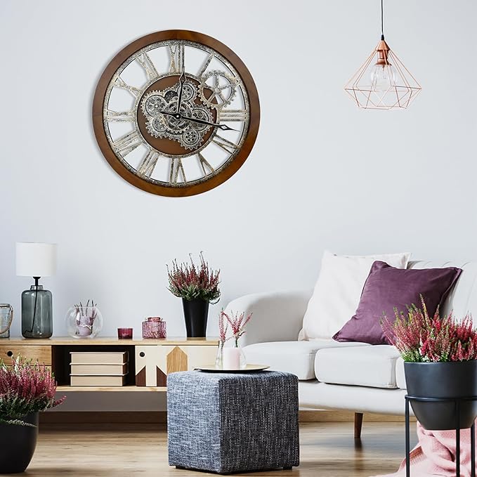 HOIBAI Large Wall Clock, Wall Clocks for Living Room Decor 36 Inch Farmhouse Vintage Rustic Kitchen Wall Decor Vintage Roman Oversized Wall Clock for Home Bedroom House Office, Moving Gears Clock