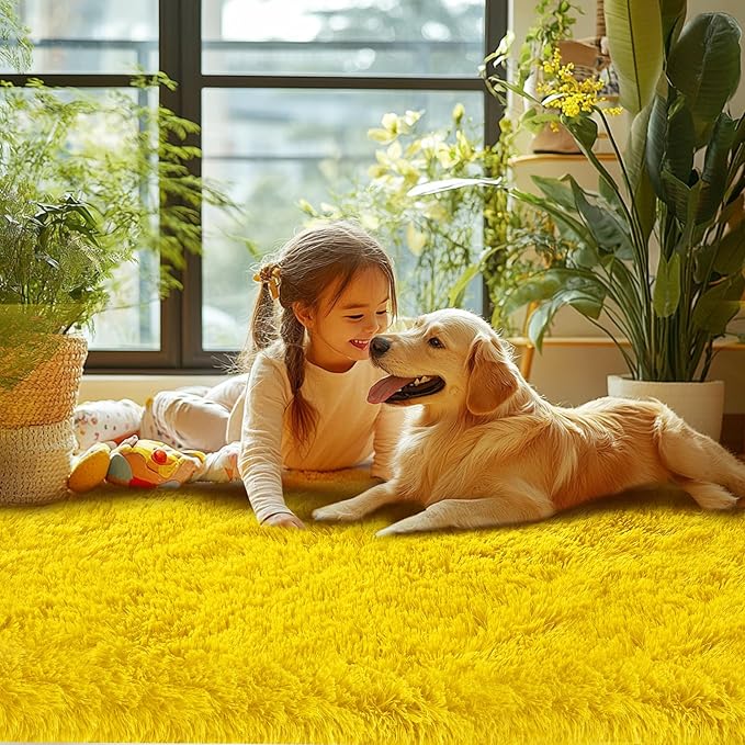 Yellow Fluffy Area Rug for Bedroom: Soft Plush Rugs for Kids Room - Non-Slip Carpet for Girls Bedroom Home Decor Aesthetic(4x6 Feet)