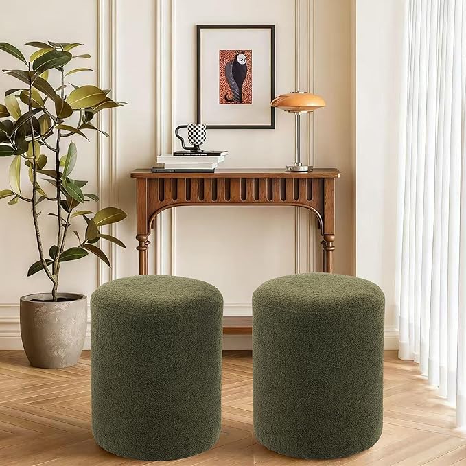 Modern Round Ottoman, Classic Foot Stool Ottoman, Teddy Fleece Upholstered Vanity Stool for Makeup, Bedroom, Living Room, Dark Green