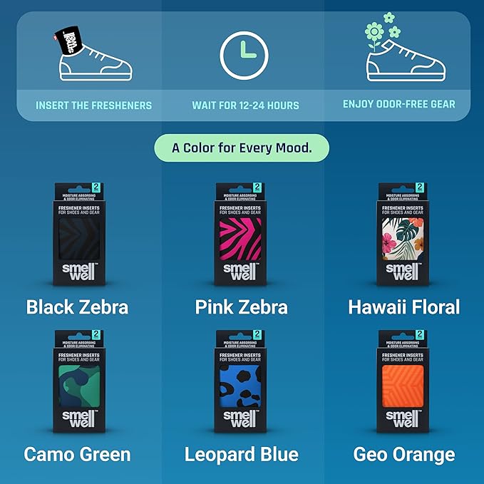 SmellWell - 4-Pack Scented Shoe Deodorizer Inserts - Odor Eliminators - Activated Bamboo Charcoal + Minerals - Natural Fresheners for shoes, bags, gloves - 8 x 1.8oz Original Size Green Camo