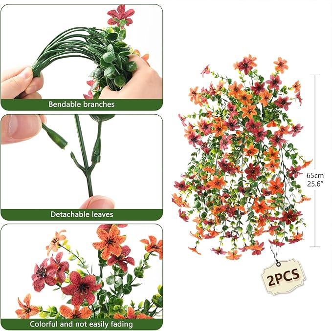 Artificial Faux Mums Fall Hanging Flowers for Outdoor Decoration,2 Pack Fake Silk Plants Daisy Realistic UV Resistant Summer Decor for Home Indoor Porch Patio Balcony Yard Autumn Decor (Brown Orange)