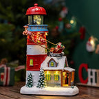 Musical Christmas Village Figurines Lighthouse & Flying Santa Collectibles Building Statues, Battery & USB Christmas Home Decor Gifts Festive Holiday Decorations