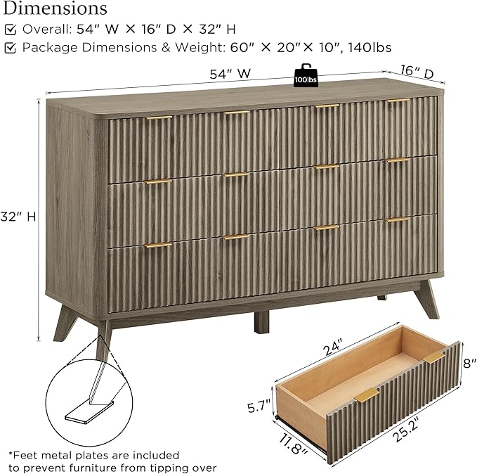 T4TREAM Fluted 6 Drawers Dresser, 54" Wide Modern Chest of Drawers, Curved Profile Design, Dresser TV Stand, Wood Drawer Organizer for Bedroom, Living Room, Hallway, Grey Alder