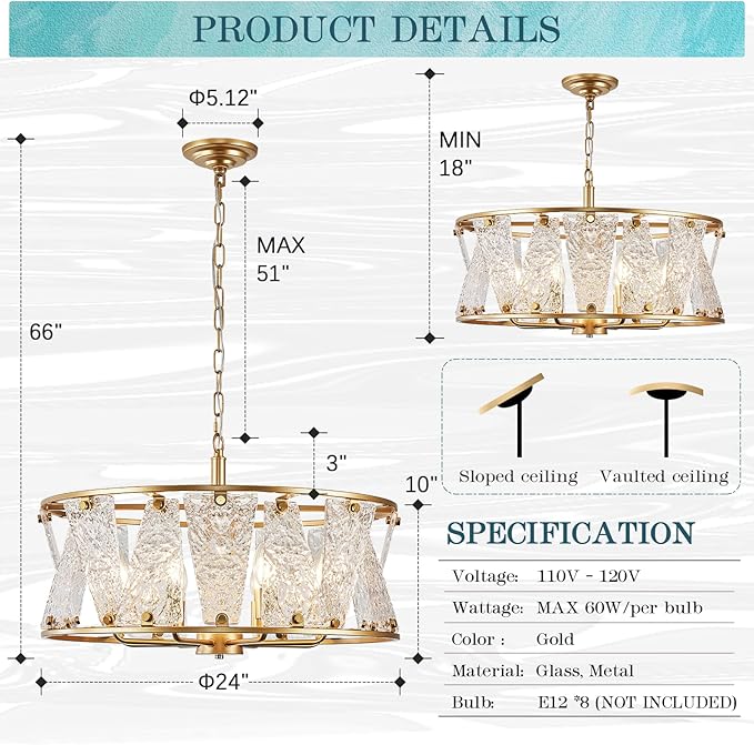 Modern Glass Chandelier 24in Gold Drum Chandelier Light Fixture 8-Light Hammered Crystal Glass Ceiling Chandelier Lighting for Living Room Dining Room Bedroom High Ceiling Entry Foyer