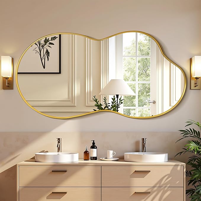 Suidia Irregular Wall Mirror, 40"x26" Bathroom Mirror Asymmetrical Mirrors Artistic Mirrors Decorative for Living Room Bedroom Bathroom Hallway Entryway, Gold, Cloud Style