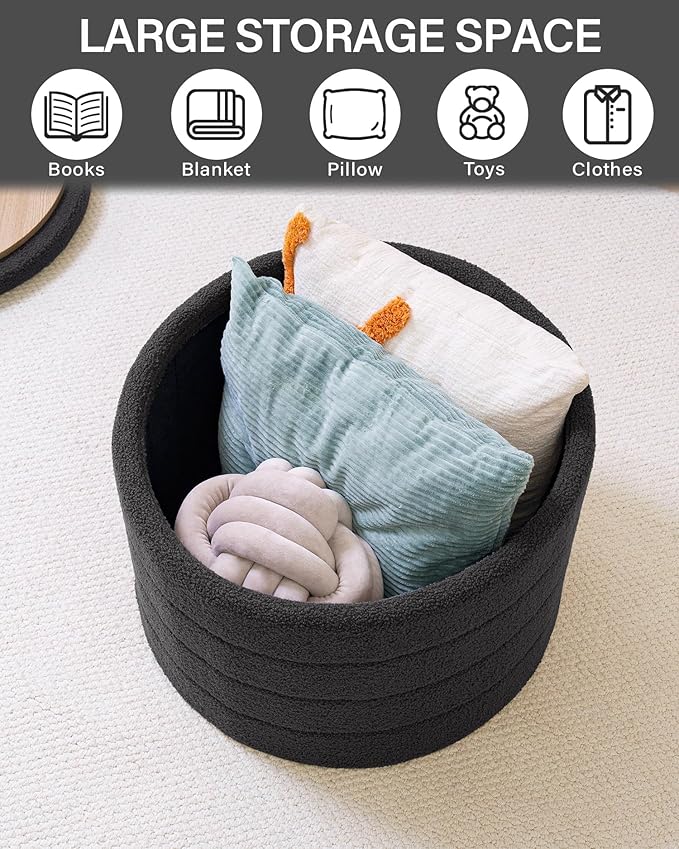 B FSOBEIIALEO Ottoman with Stroage, Round Sherpa Storage Ottoman Stool, Boucle Foot Rest22 x 22"x15.75" (Dark Grey)